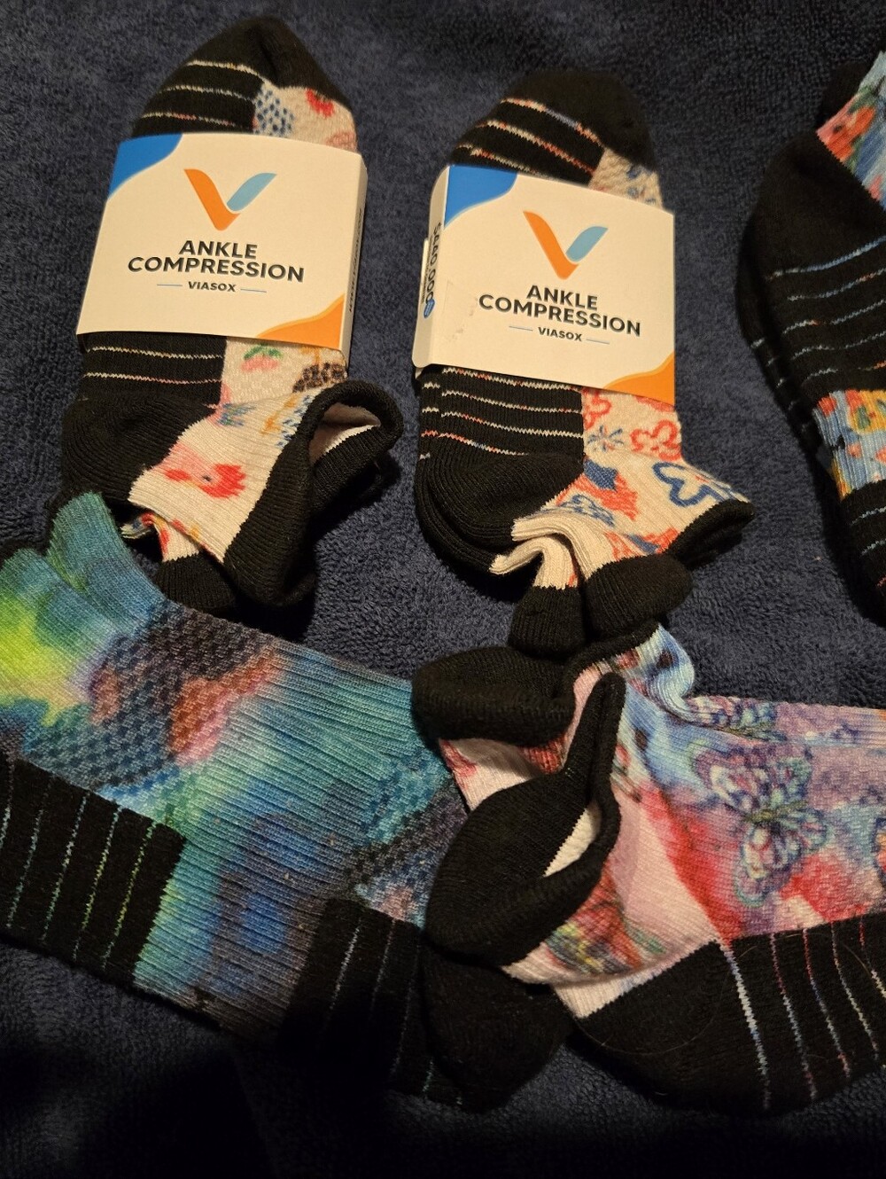 Viasox Ankle Compression Socks - Black with Multicolor Tie-Dye Accents